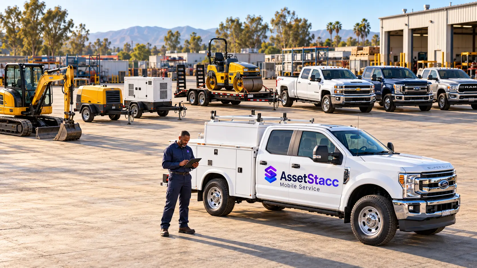 AssetStacc Mobile Service technician beside a branded service truck, with fleet pickups and compact construction equipment in the background.