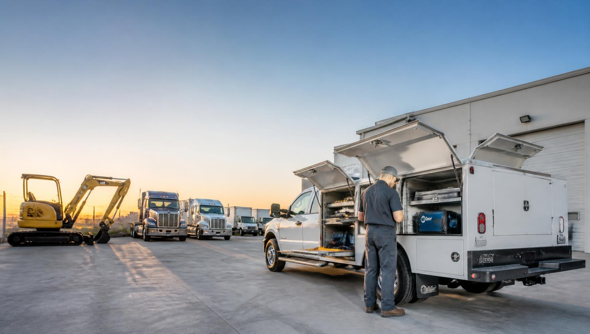 AssetStacc mobile service truck with open tool compartments beside semi-trucks, box trucks and an excavator in a commercial fleet yard